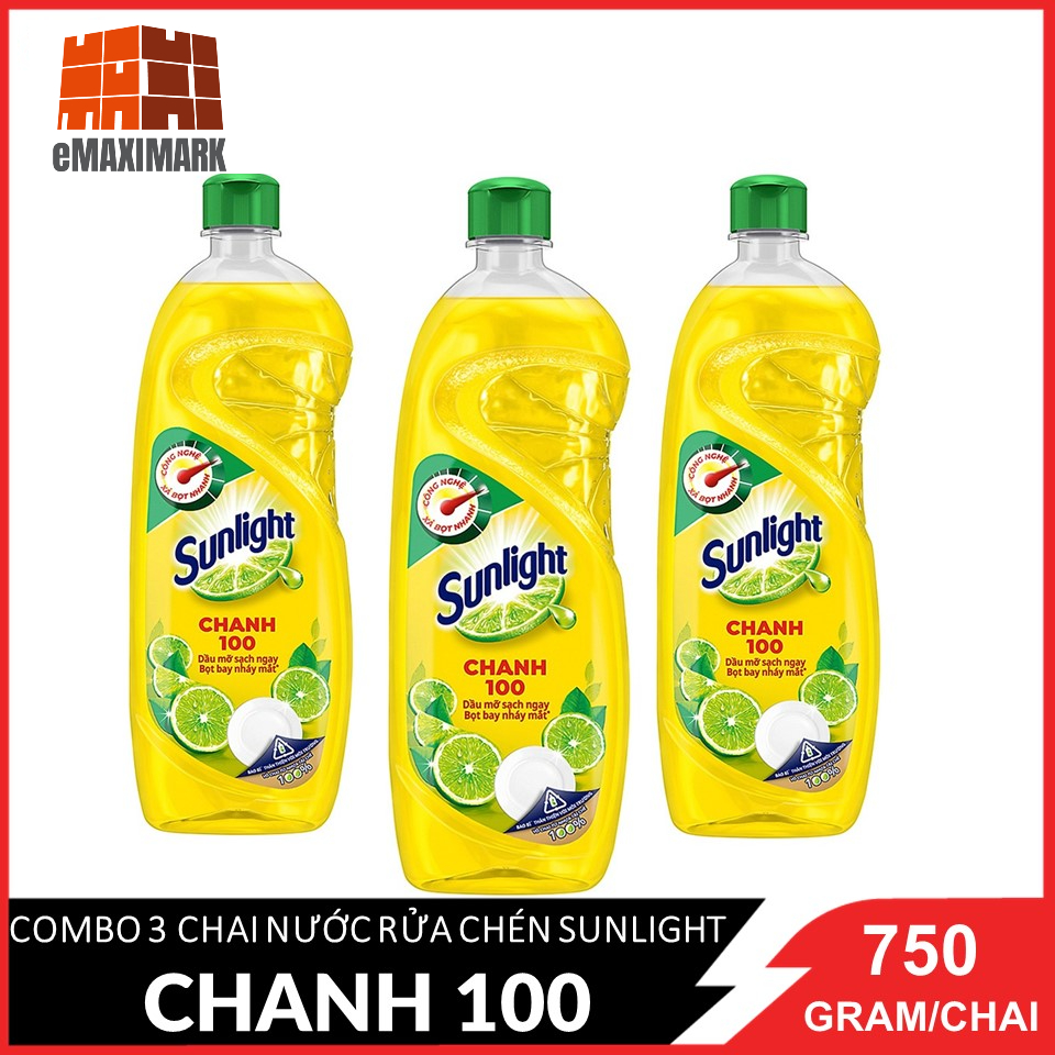 Combo 3 nước rửa chén sunlight chanh 100 chai 750g