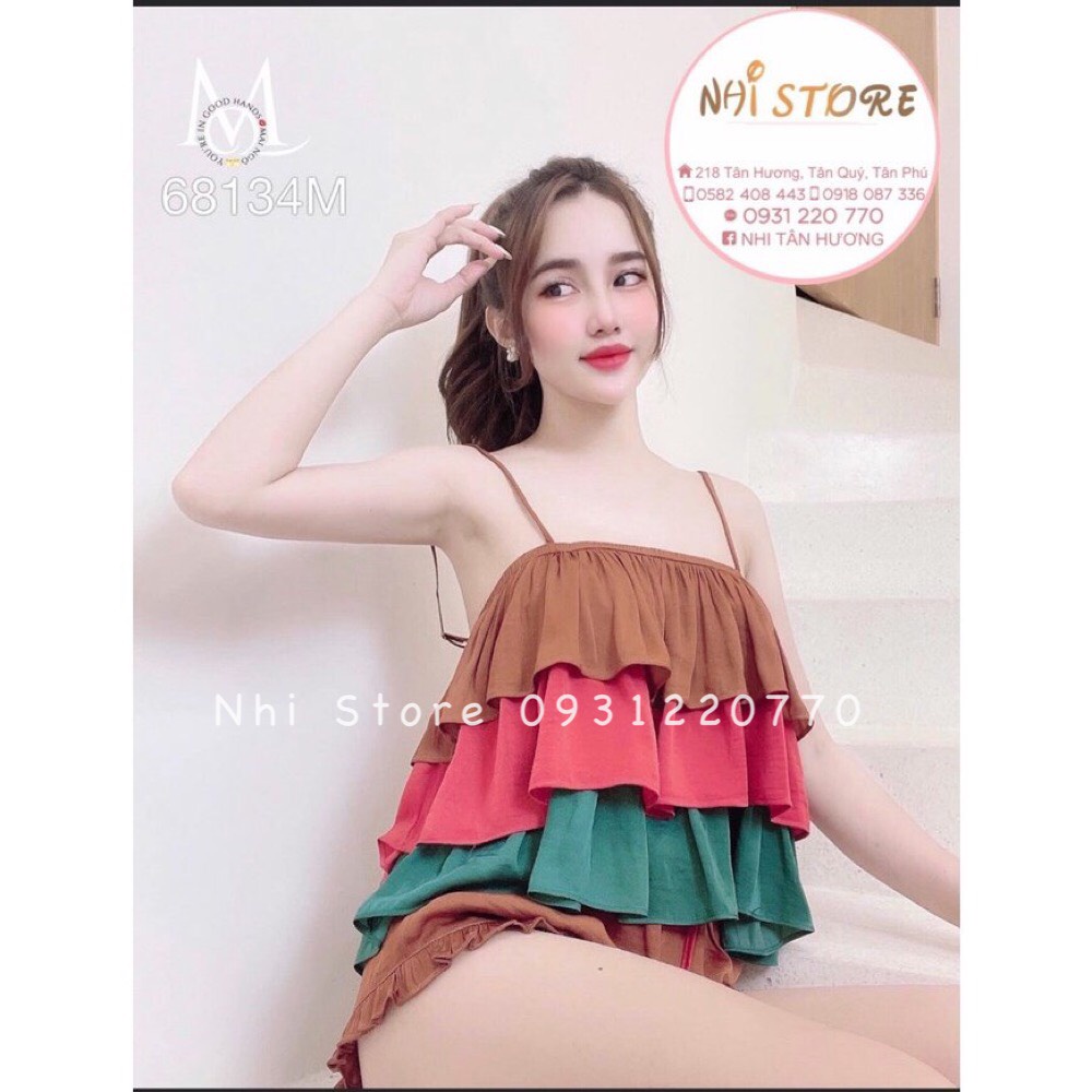 Đồ bộ lụa nhi store -bộ lụa áo 2 dây bèo 3 tầng phối màu quần ngắn freesize dưới 57kg