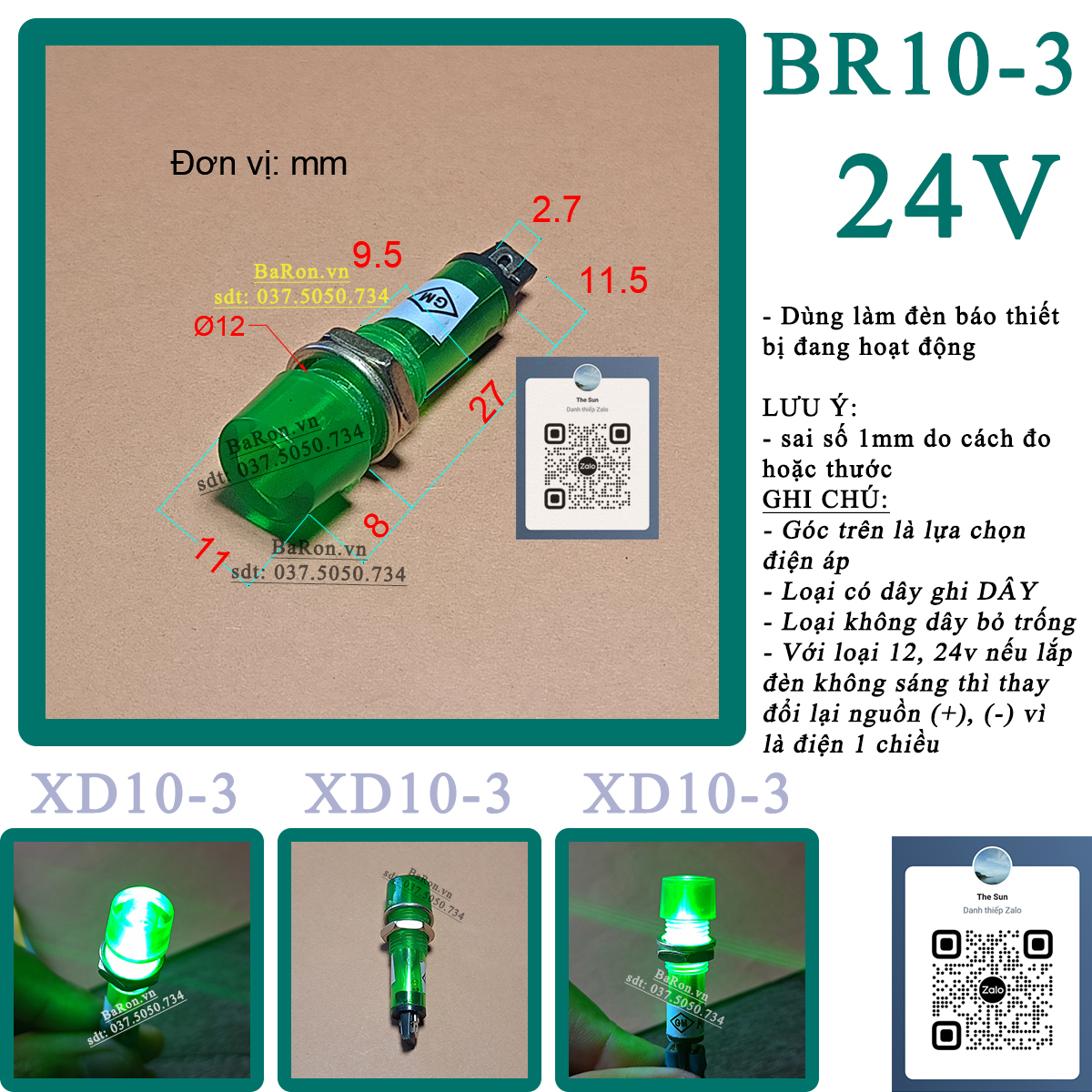 Đèn báo nguồn nhỏ XD10 phi 10mm 12v 24v 220v