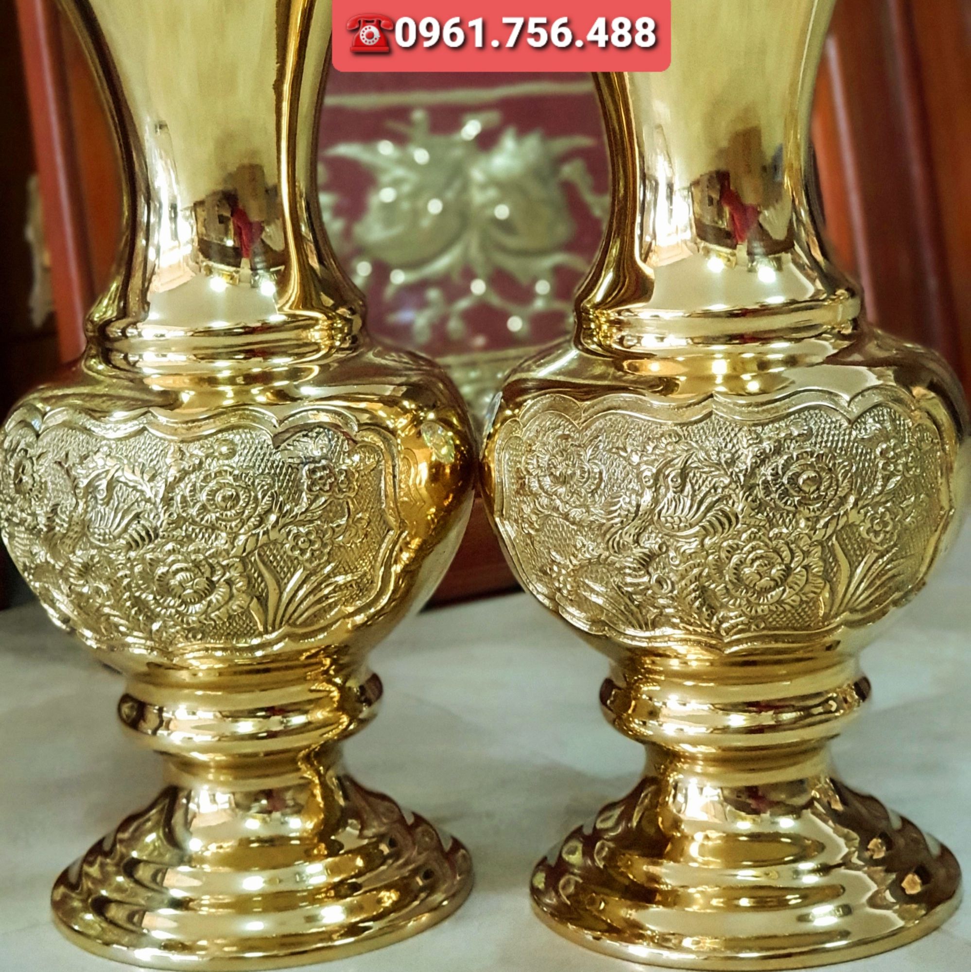 Đôi lọ hoa/ bình bông đồng vàng 30cm