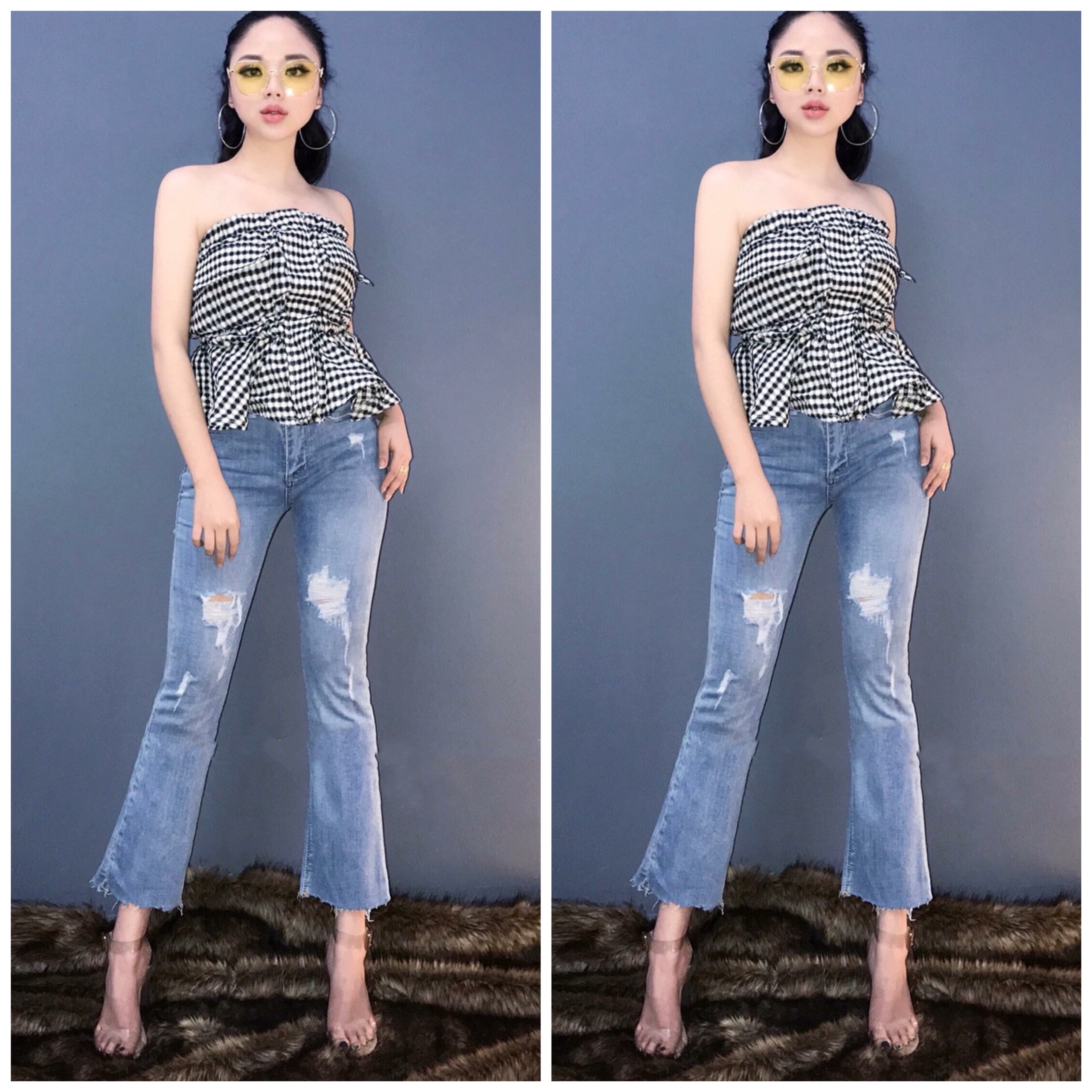 Quần jean 9 tấc ống loe nhẹ, lưng cao, co dãn mạnh 2027 3229 - MoliJeans
