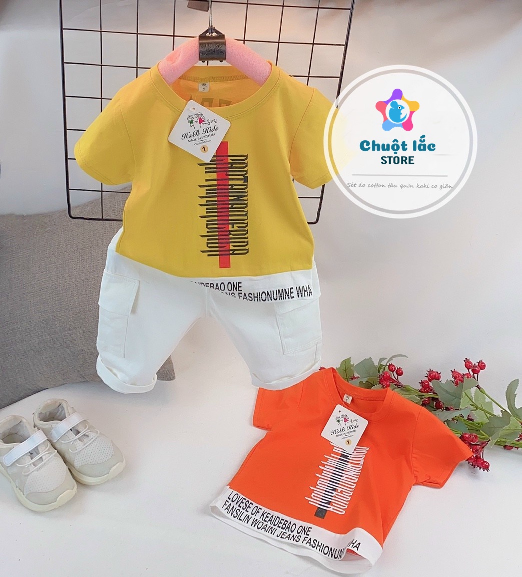 [HCM]Bộ quần áo bé trai thun cotton 4 chiều áo thun quần kaki in chữ cho bé từ 8kg đến 22kg( màu vàng cam)
