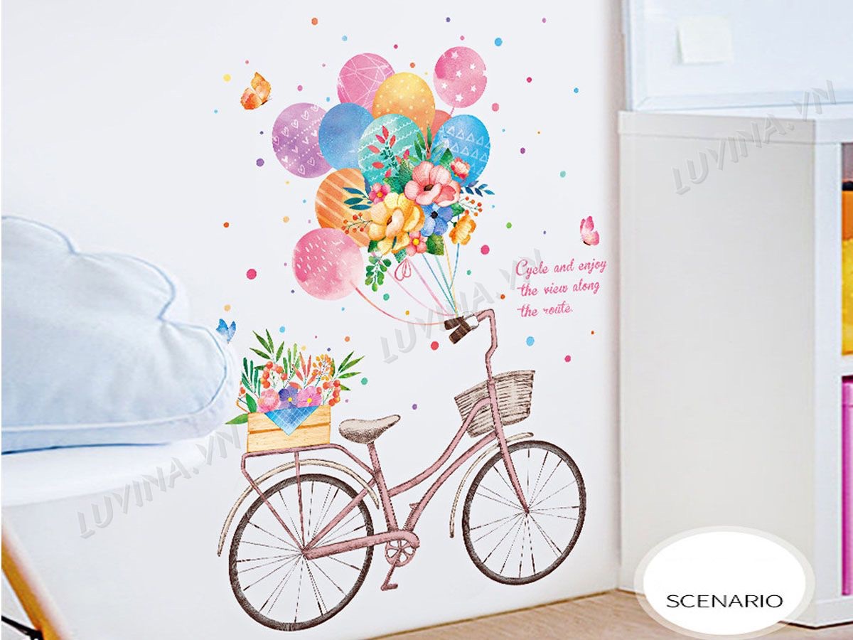 Decal tranh dán tường xe đạp bóng bay