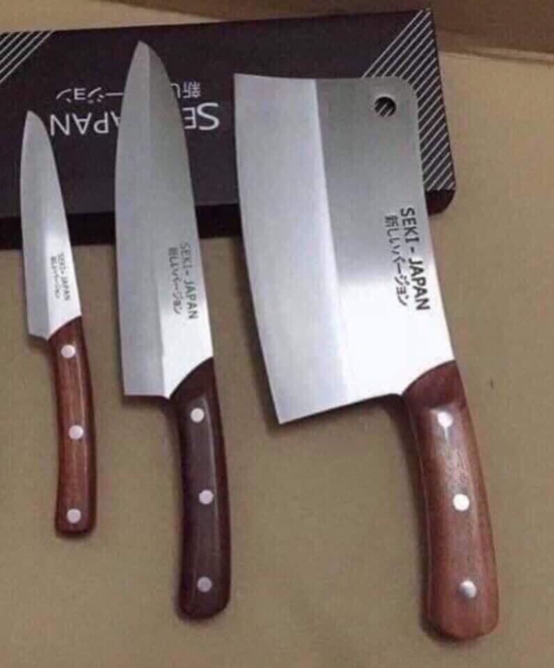 Bộ 3 Dao bếp SEKI xuất Nhật cán gỗ lưỡi thép không gỉ