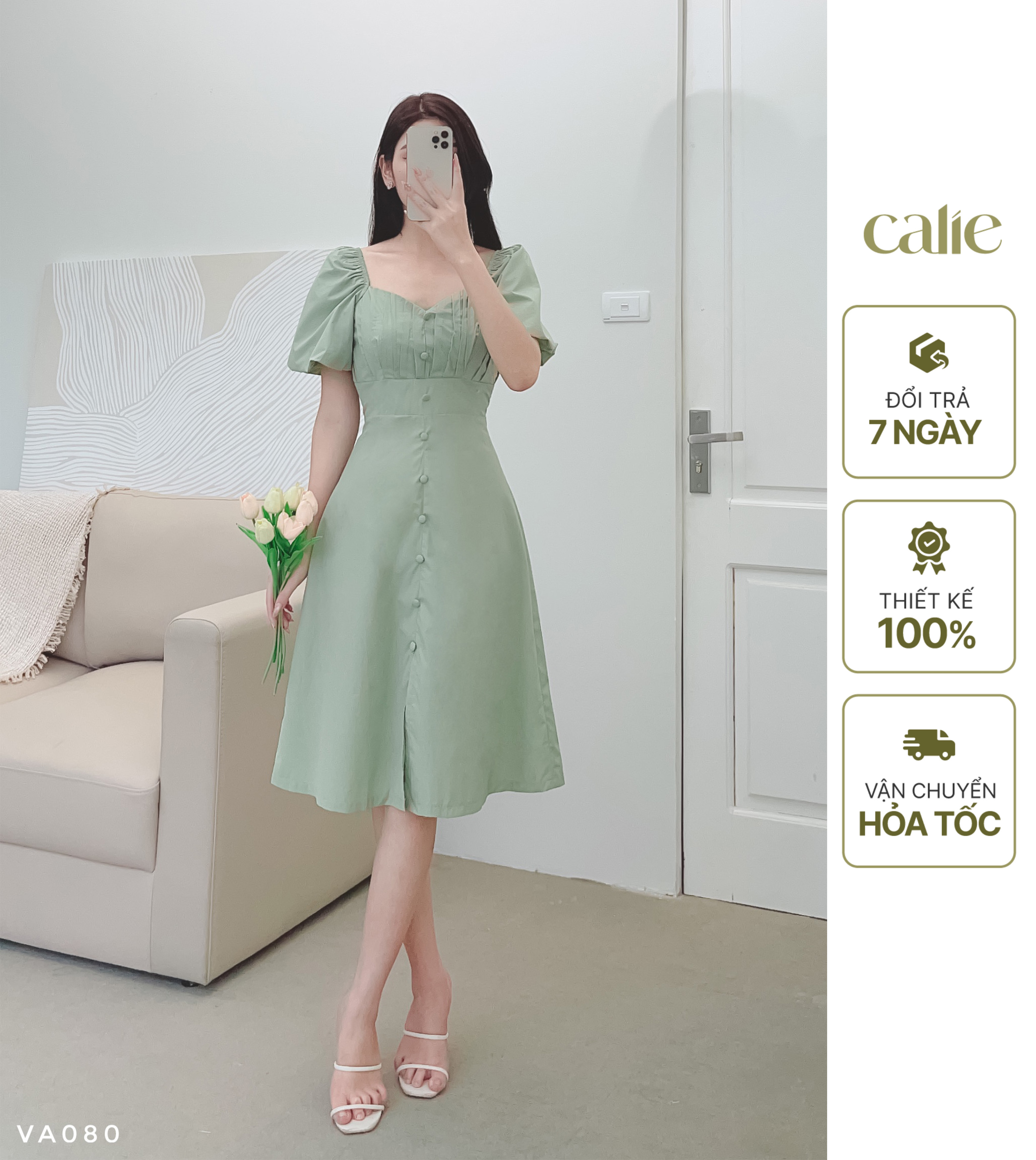 Váy dáng A xếp ly ngực phối cúc bọc nữ tính CALIE VA080