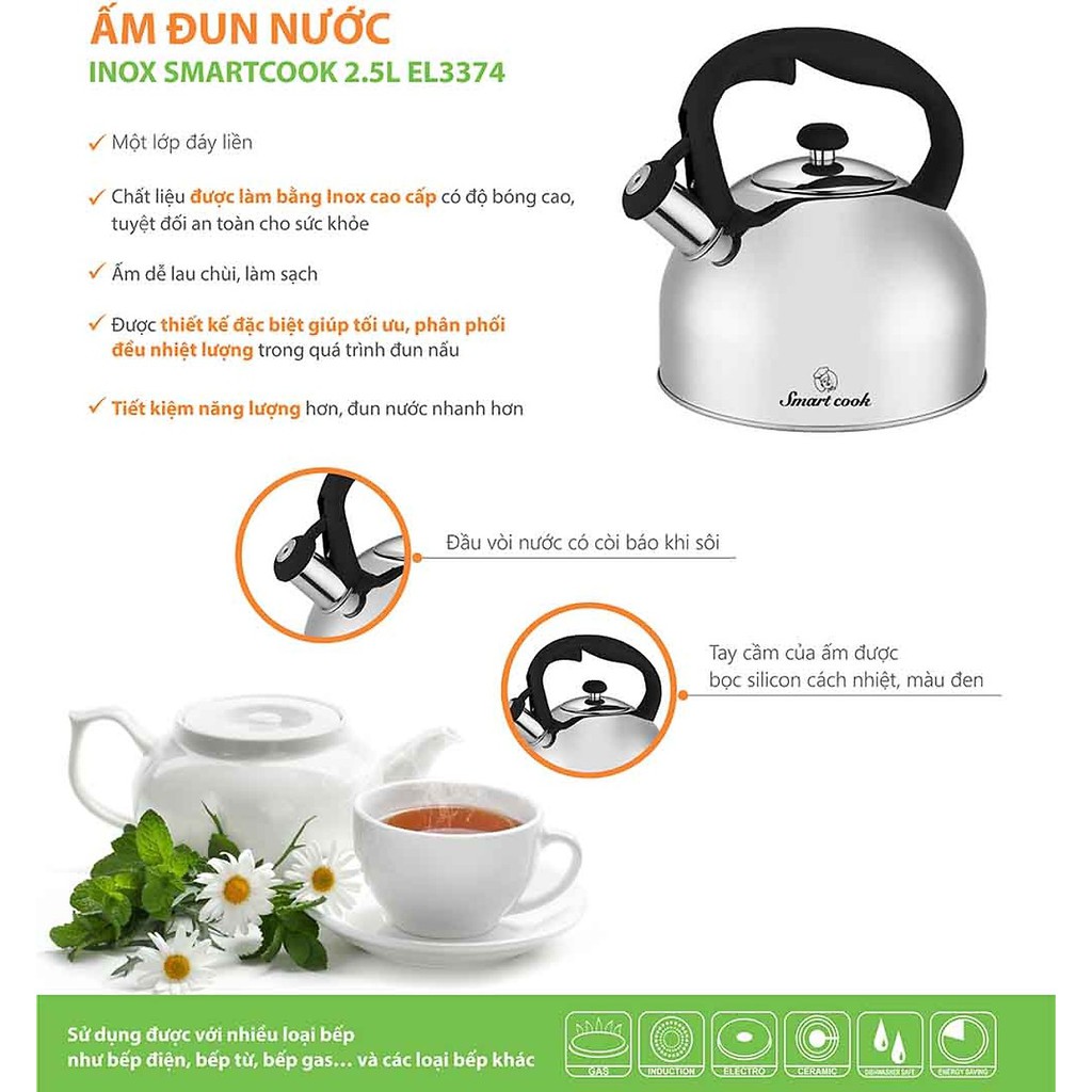 Ấm đun nước siêu tốc SMARTCOOK 2.5L SM3374 (Giá áp dụng giao tại HN, HCM& các tỉnh liên hệ shop)