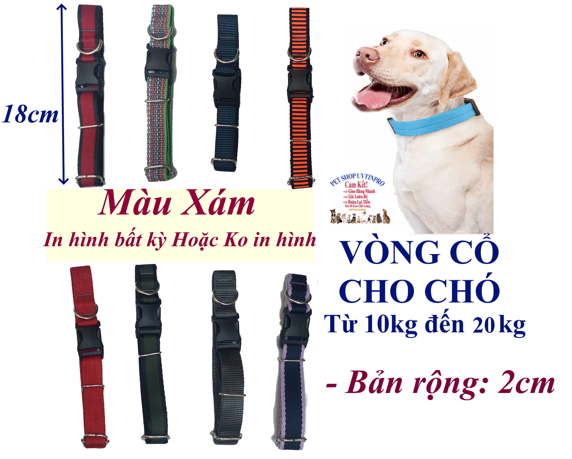 Vòng cổ cho Chó từ 10kg đến 20kg Bản rộng 2cm Chất liệu dù cao cấp, Chắc chắn, An toàn cho thú cưng, SX tại Việt Nam
