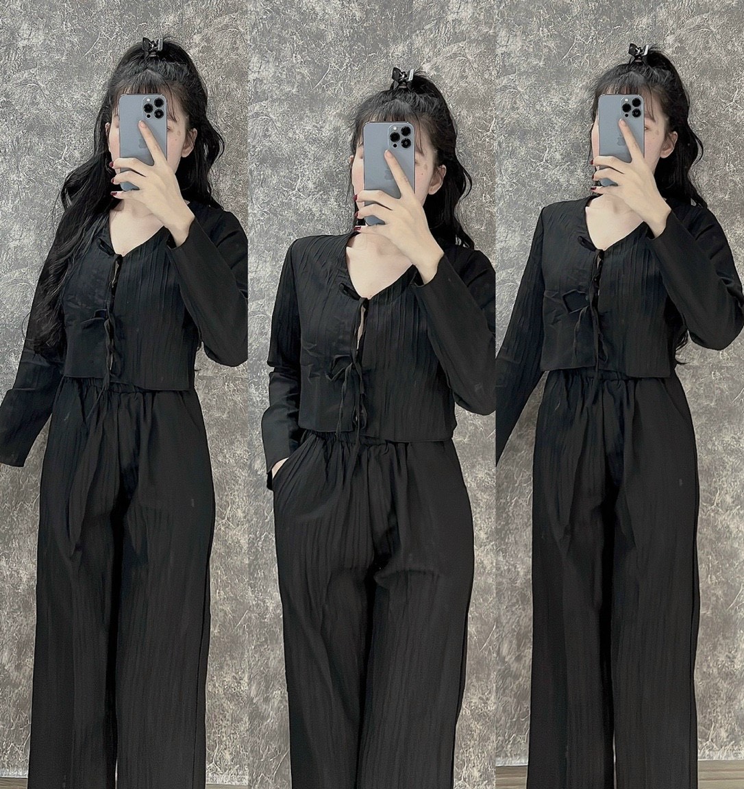 Set bộ áo buộc dây ngực mix quần ống suông siêu xinh, set áo crotop lững tay dài thắc nơ