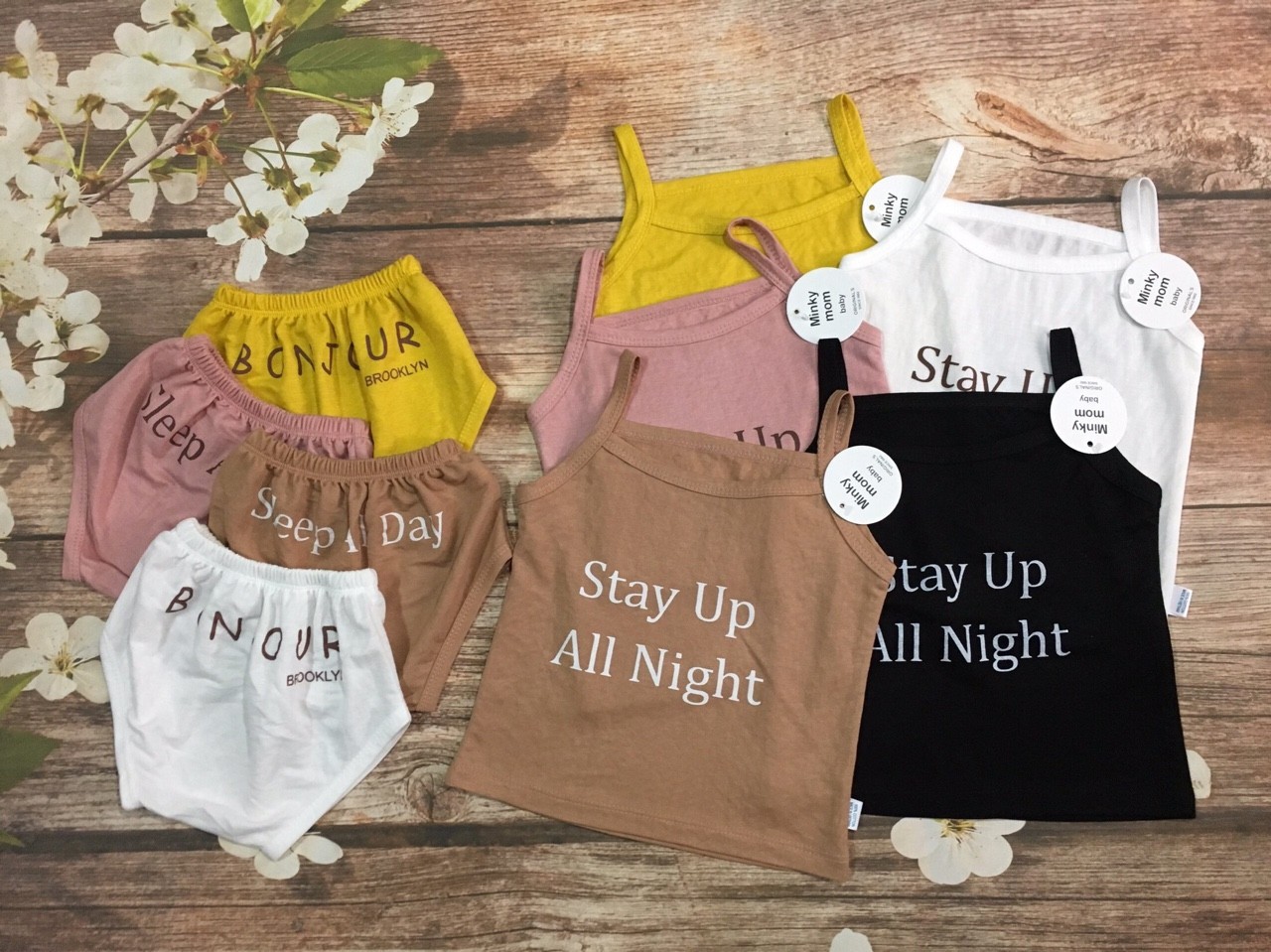 Set Bộ 2 dây, quần chíp đùi, hàng đẹp chất coton giấy thái cực mát cho bé gái từ 4-13kg, bộ quần áo cho bé
