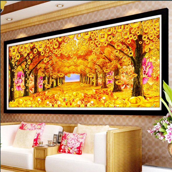 Tranh đính đá abc 3d rừng cây tiền vàng lộc df2677 kt:100x41cm