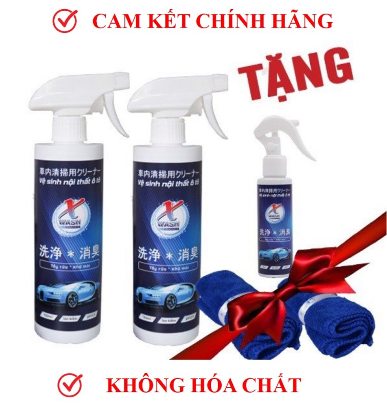Combo 2 chai XWash 500ml TẶNG 1 chai 100ml + 2 khăn lông cừu - Nước tẩy rửa, khử mùi nội thất ô tô KHÔNG HÓA CHẤT