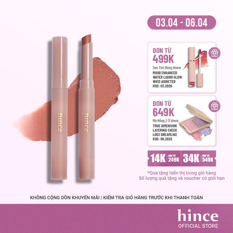 Son thỏi lì lâu trôi không khô môi hince Slim Stick Melting Matte 1.6g