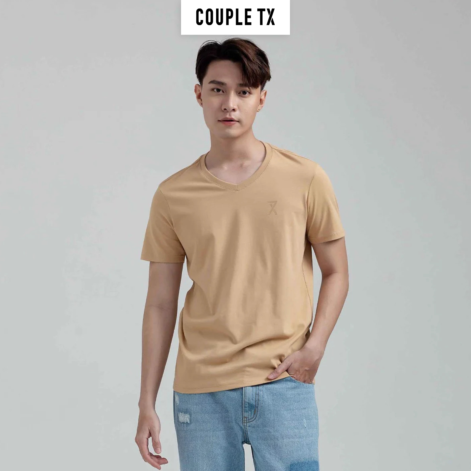 Áo Thun Nam Couple TX - Áo Thun Trơn Cổ Tim Basic Vải Đốm In Logo X