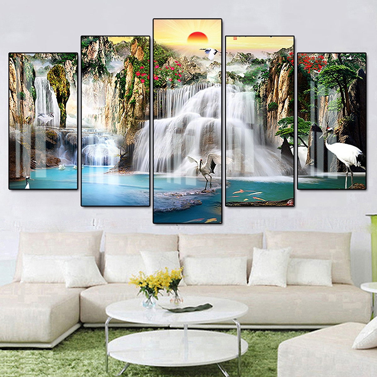 Tranh tráng gương thác nước treo tường - tranh bộ 5 phong cảnh sơn thủy đẹp