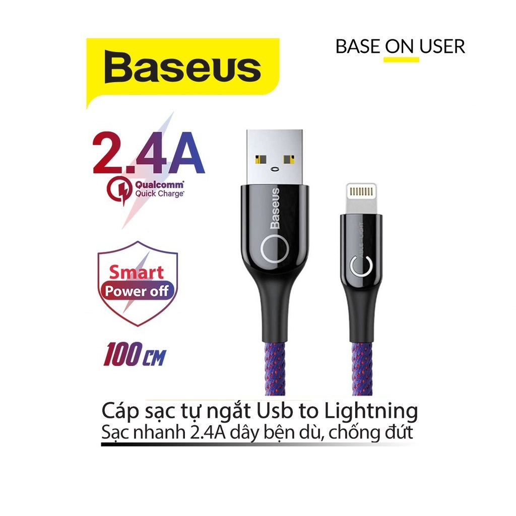 Cáp sạc 2.4A Baseus C-Shaped Lightning dây bện dù tự ngắt thông minh dài 1M cho iPhone