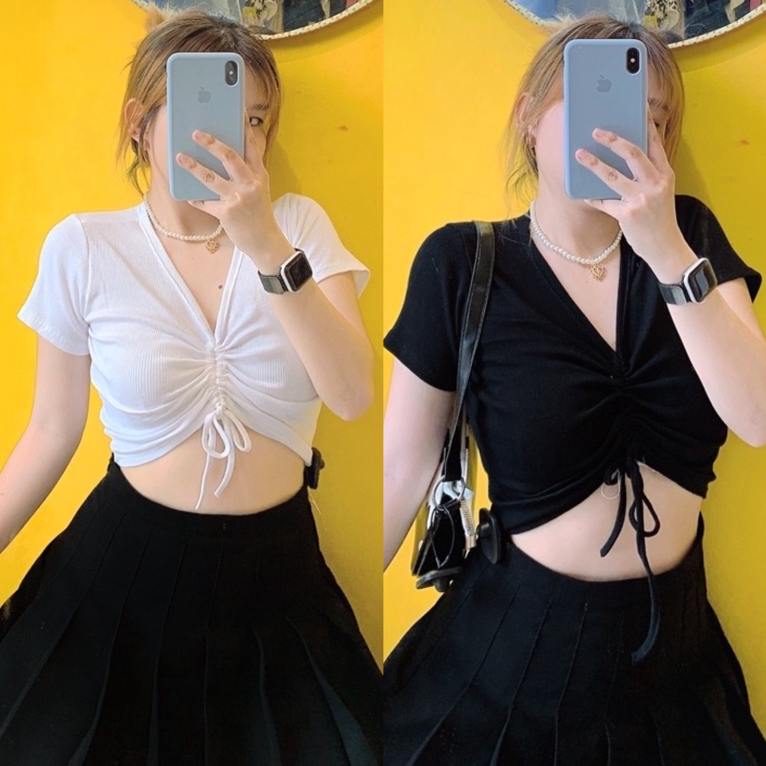 Áo croptop rút dây giữa gân co giãn siêu đẹp