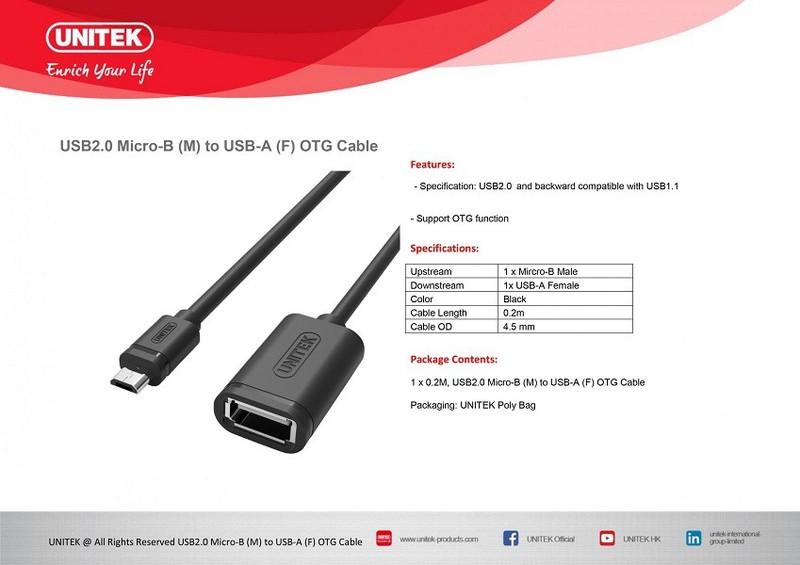 Cáp OTG  UNITEK đầu dẹp micro