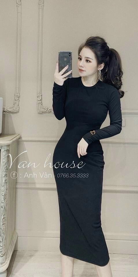 [ẢNH THẬT] Đầm body nữ dài tay dáng ôm cổ tròn chất vải thun  len tăm 5 màu , tay thêu logo sang chảnh