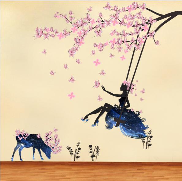 Decal trang trí tường - Cô Gái Hoa Xích Đu và Trâu Hoa