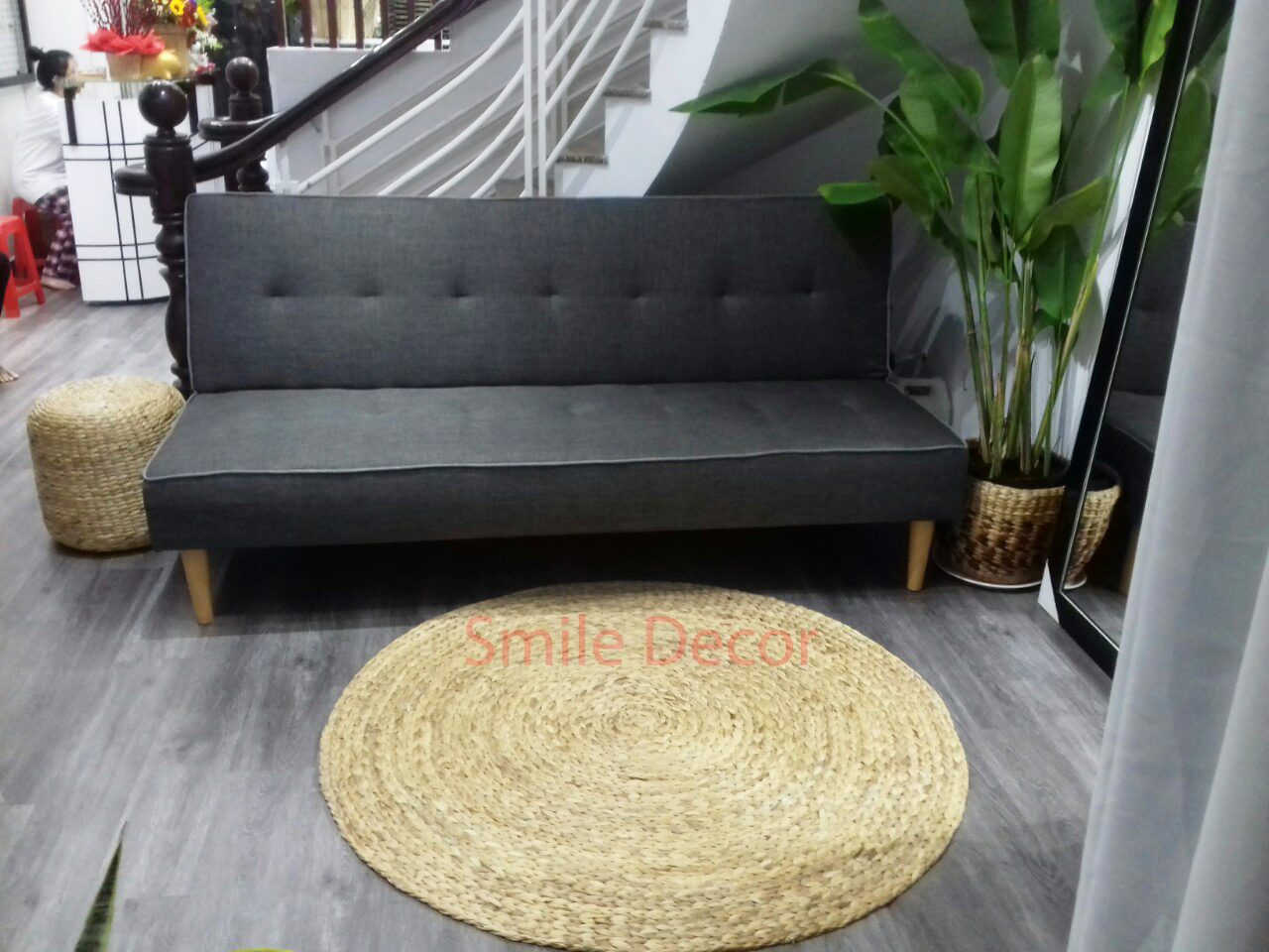 Thảm lót sàn nhà Smile Decor hình tròn đan lục bình phong cách Scandinavia , thảm cói trải sàn Bắc Âu (nhiều size)
