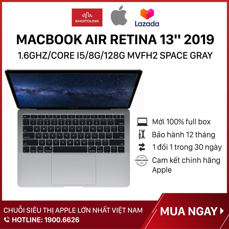 Bảng giá Laptop Macbook Air Retina 13 inch 2019 1.6GHz/core i5/8G/128G, Space Gray MVFH2, Hàng chính hãng Apple, Hàng mới 100%, Nguyên seal, Bảo hành 12 tháng - Shopdunk Phong Vũ
