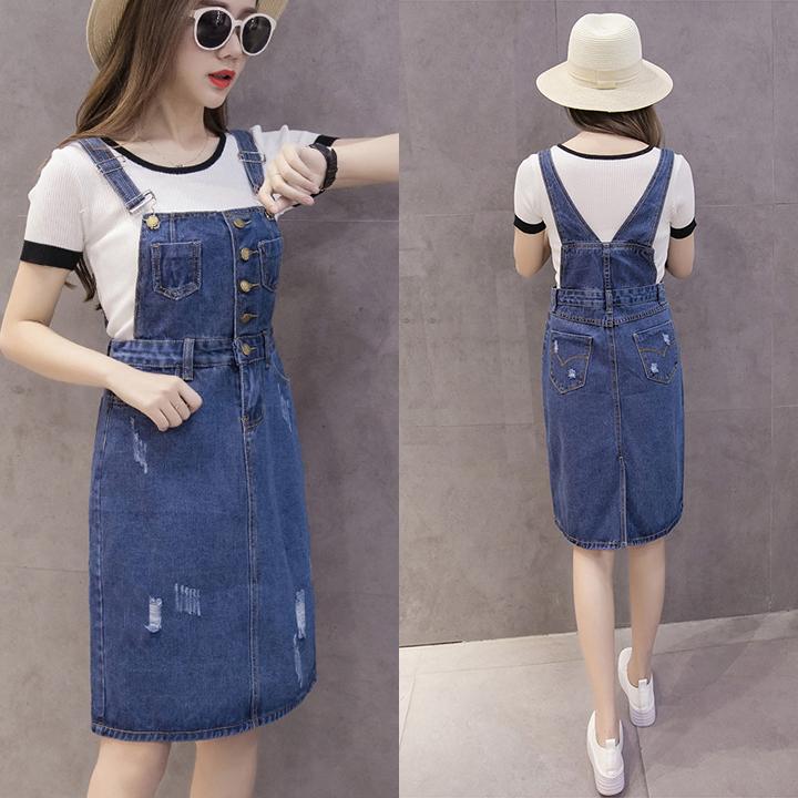 [HCM]Đầm Yếm Jean Nữ Wash Cào Duyên Dáng
