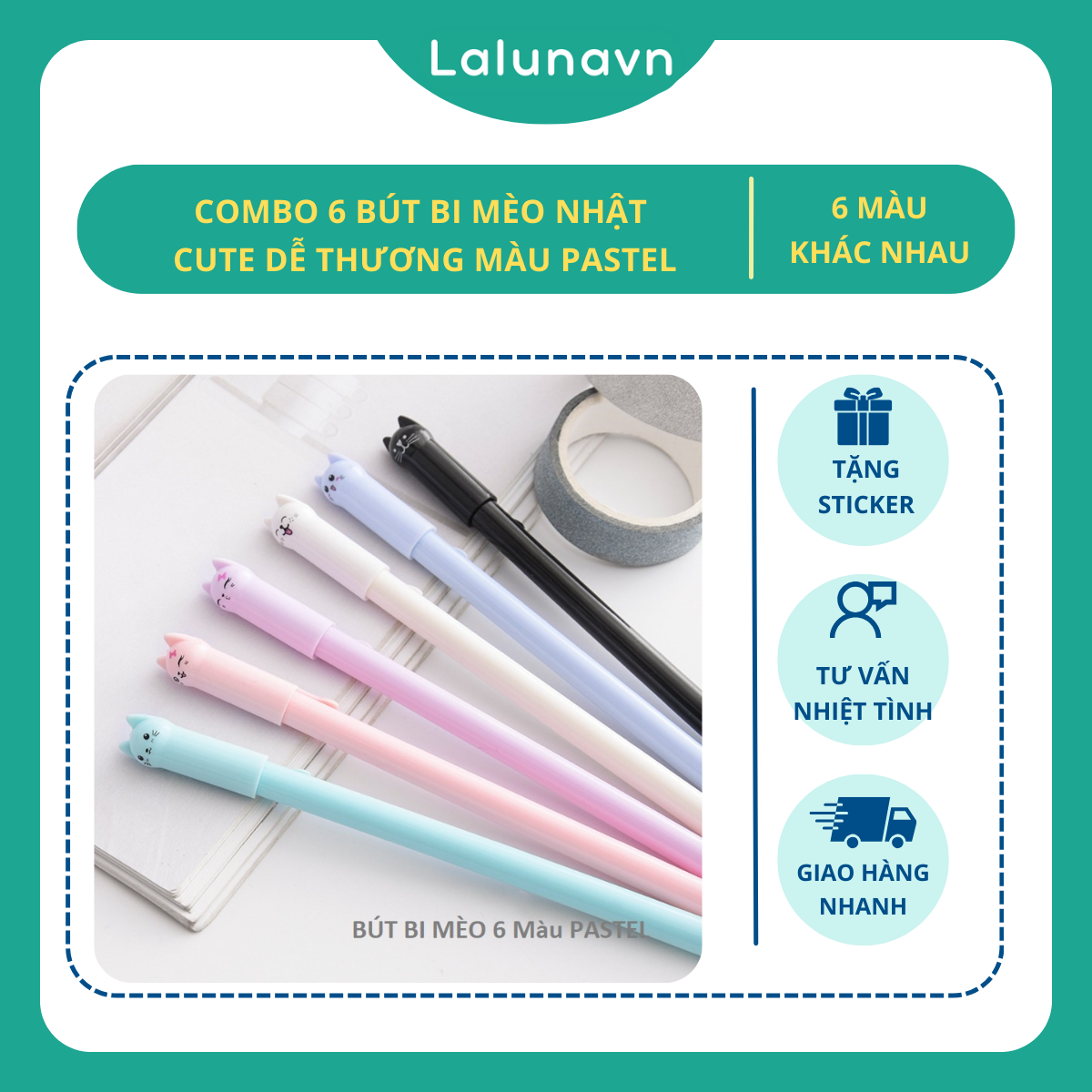 Combo 6 bút bi mèo Nhật xinh yêu cute dễ thương màu pastel - A76