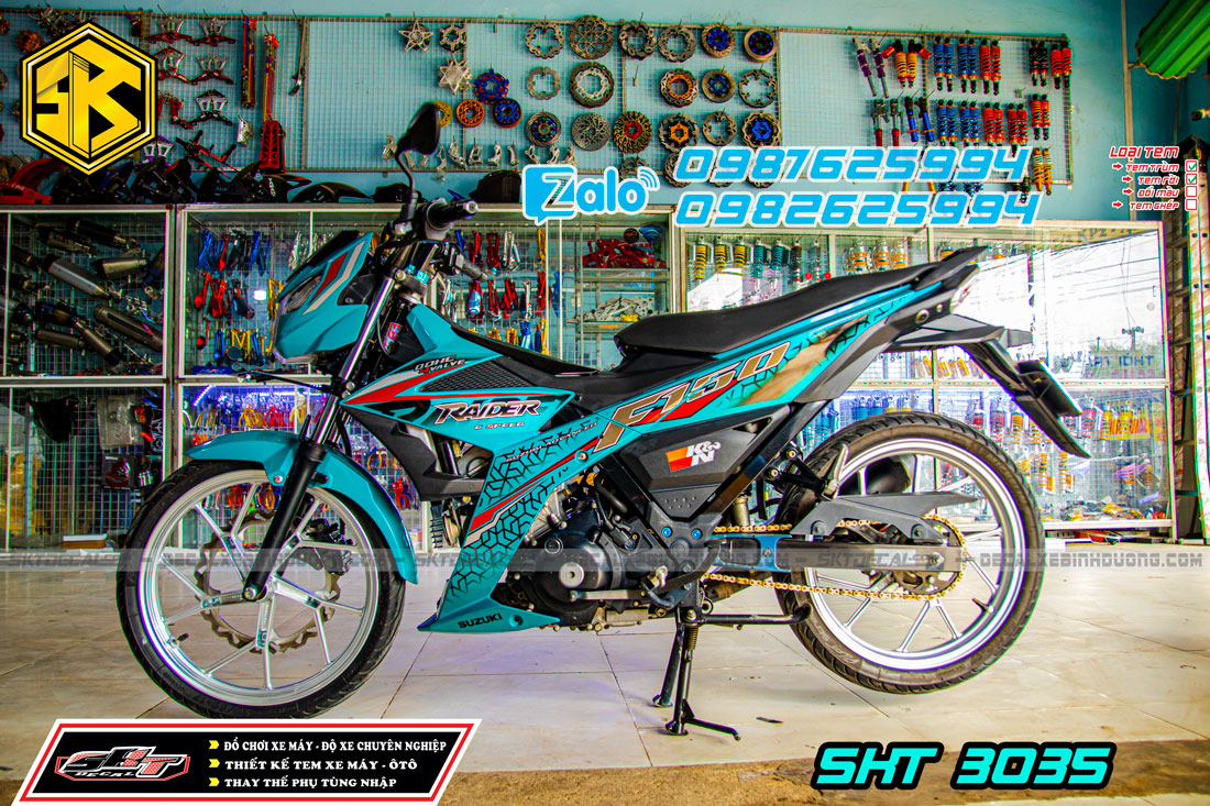 tem trùm xe raider xanh đen