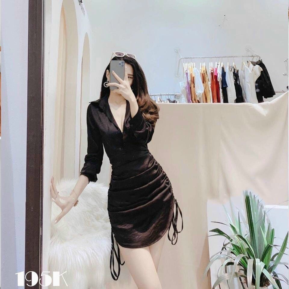 Đầm nhún tay dài cổ sơ mi cài nút ( có dây kéo )