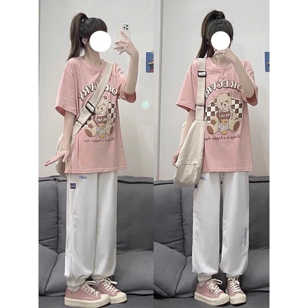 Set bộ áo thun mix quần bo chun - Gấu hồng