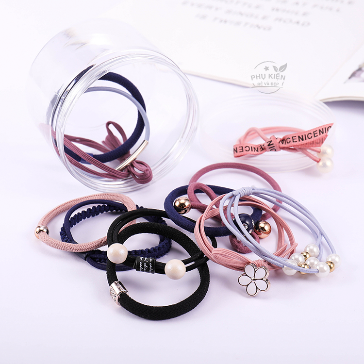 [HCM]Set 12 thun cột tóc Hàn Quốc siêu cute - Gồm hộp (Màu hồng đậm nho)