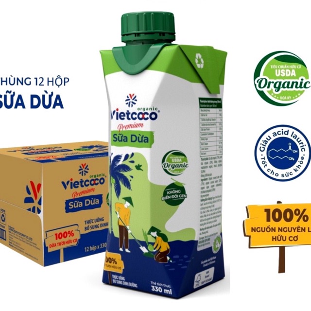 1 Thùng 12 Hộp Sữa Dừa Organic Vietcoco 100% Hữu Cơ