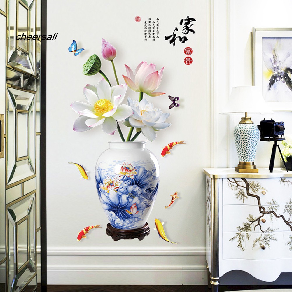 DECAL DÁN TƯỜNG TẾT BÌNH HOA XANH SEN TRẮNG