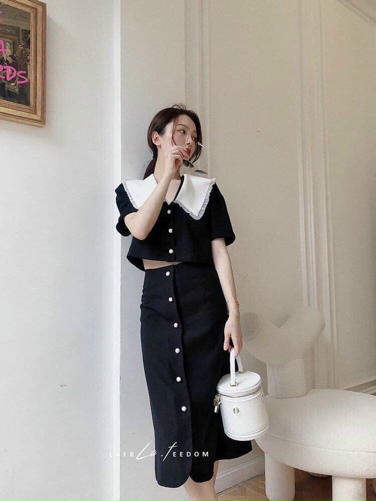 Sét đầm voan áo croptop cổ vét phối chân váy qua gối cực cute ttsa1316