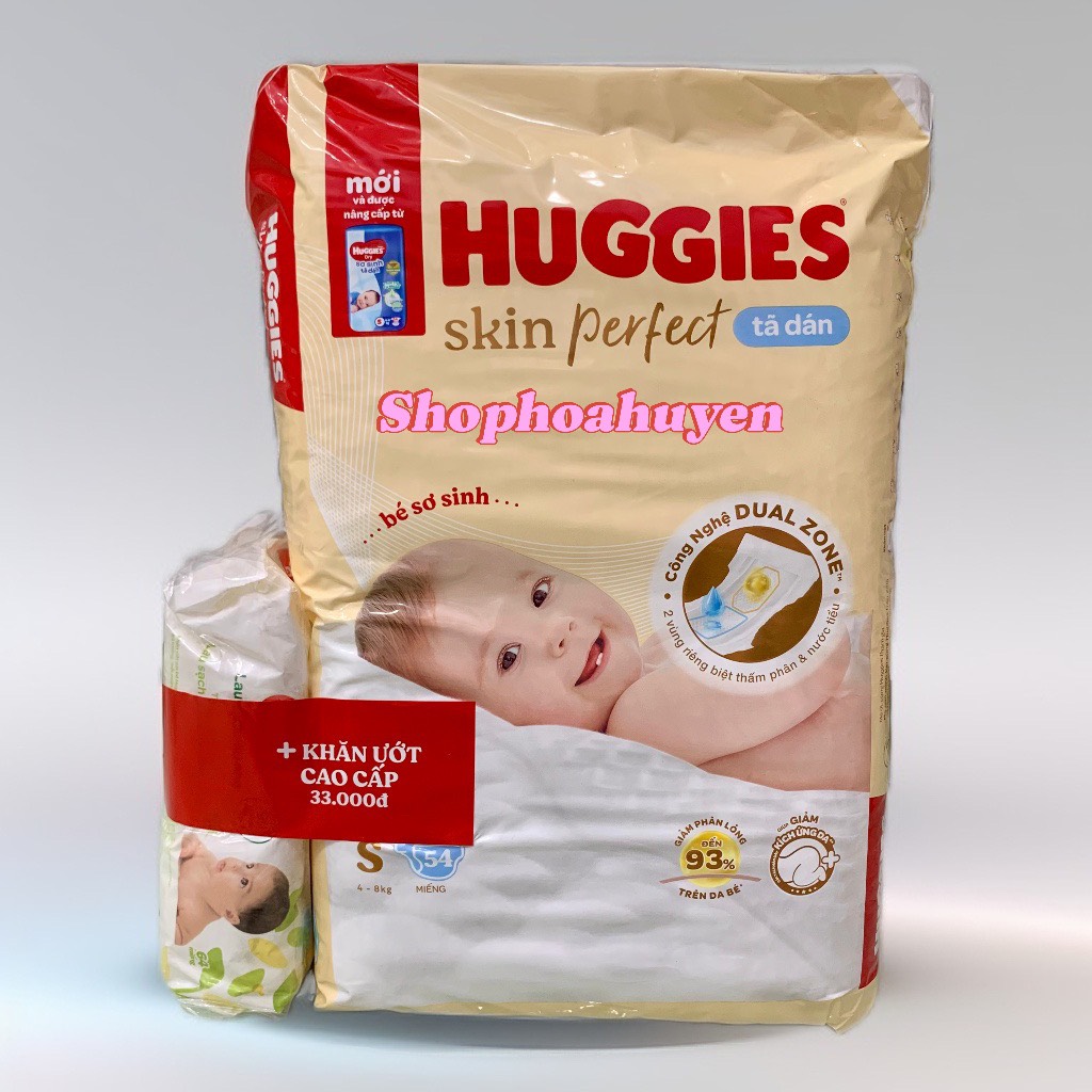 Tã dán sơ sinh Huggies size 4-8kg Mẫu mới Skin Perfect 54 miếng tặng  kèm khăn giấy ướt - Hàng Chính Hãng