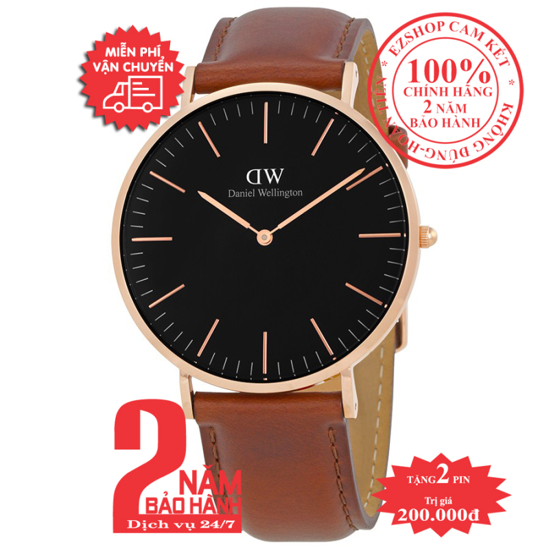 Đồng hồ nam Daniel Welington Classic Black St Mawes- size 40mm - Màu vàng hồng (Rose Gold), dây dâ nâu- Model no: DW00100124