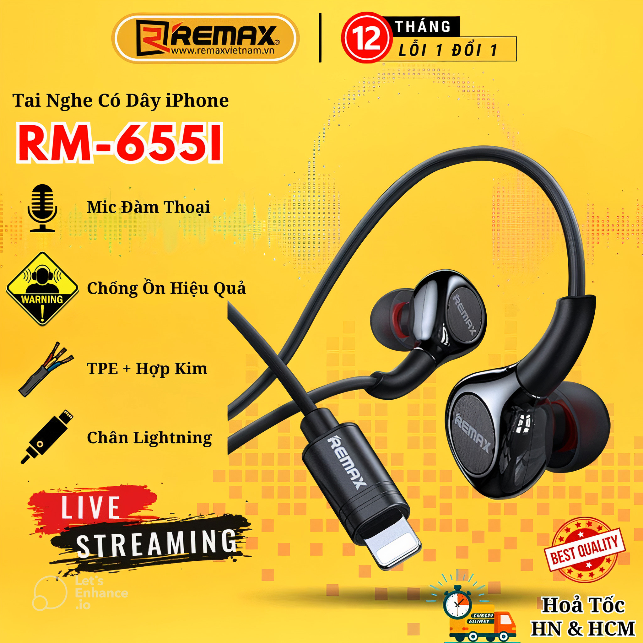 Tai nghe có dây nhét tai chân Iightning Remax RM-655i - Tai nghe chân iphone cao cấp Remax Bảo Hành 12 Tháng 1 Đổi 1