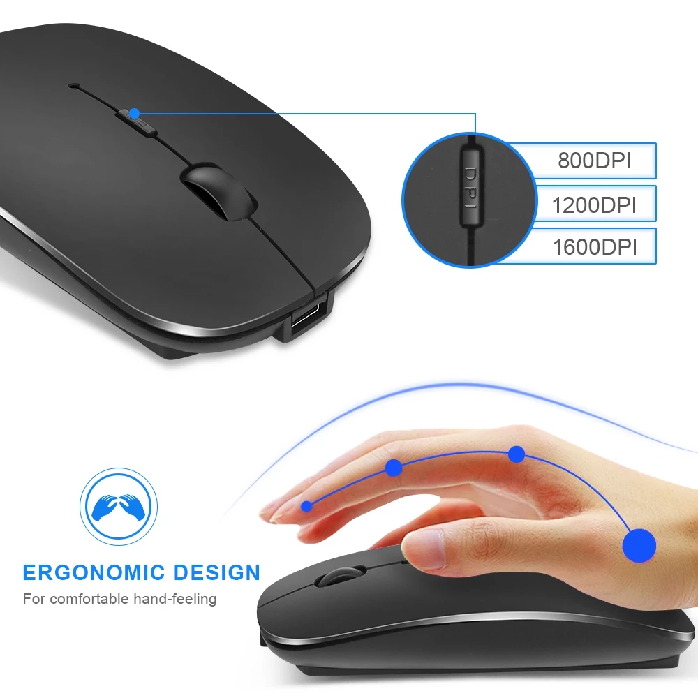 Super Slim 2.4G Wireless Silent Bluetooth Mouse 1600 DPI Optical Wireless Computer Mute Mice USB Receiver For PC Laptop Notebook（black)