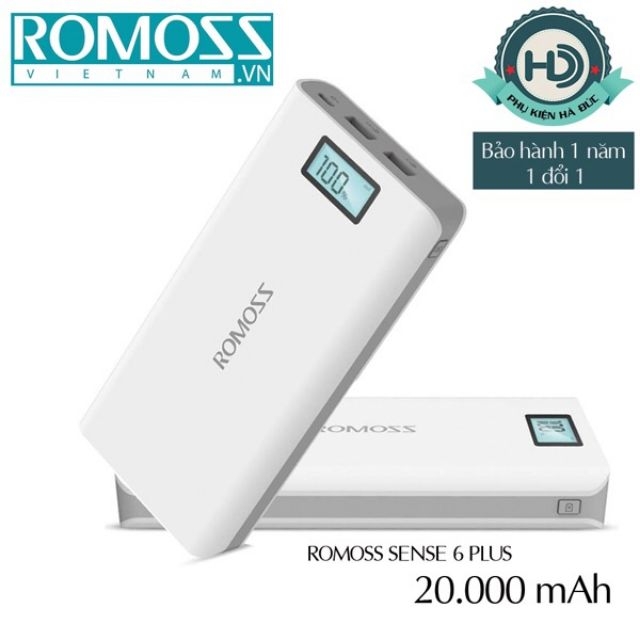 Pin sạc dự phòng 20.000mAh Romoss Sense 6plus LCD Trắng (lõi Polymer thức 20000mah)