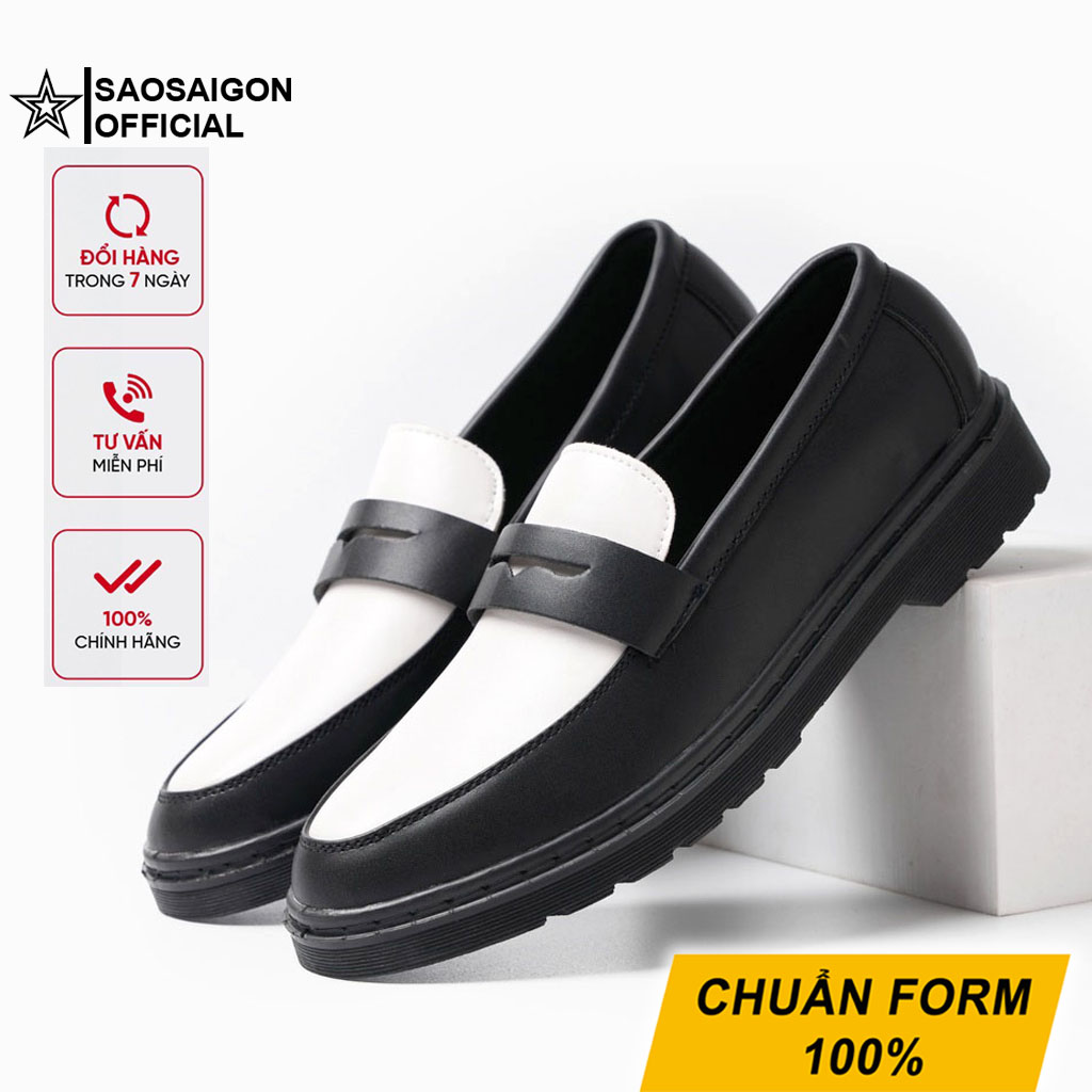 Giày tây lười penny loafer black white da không nhăn sg1085 saosaigon