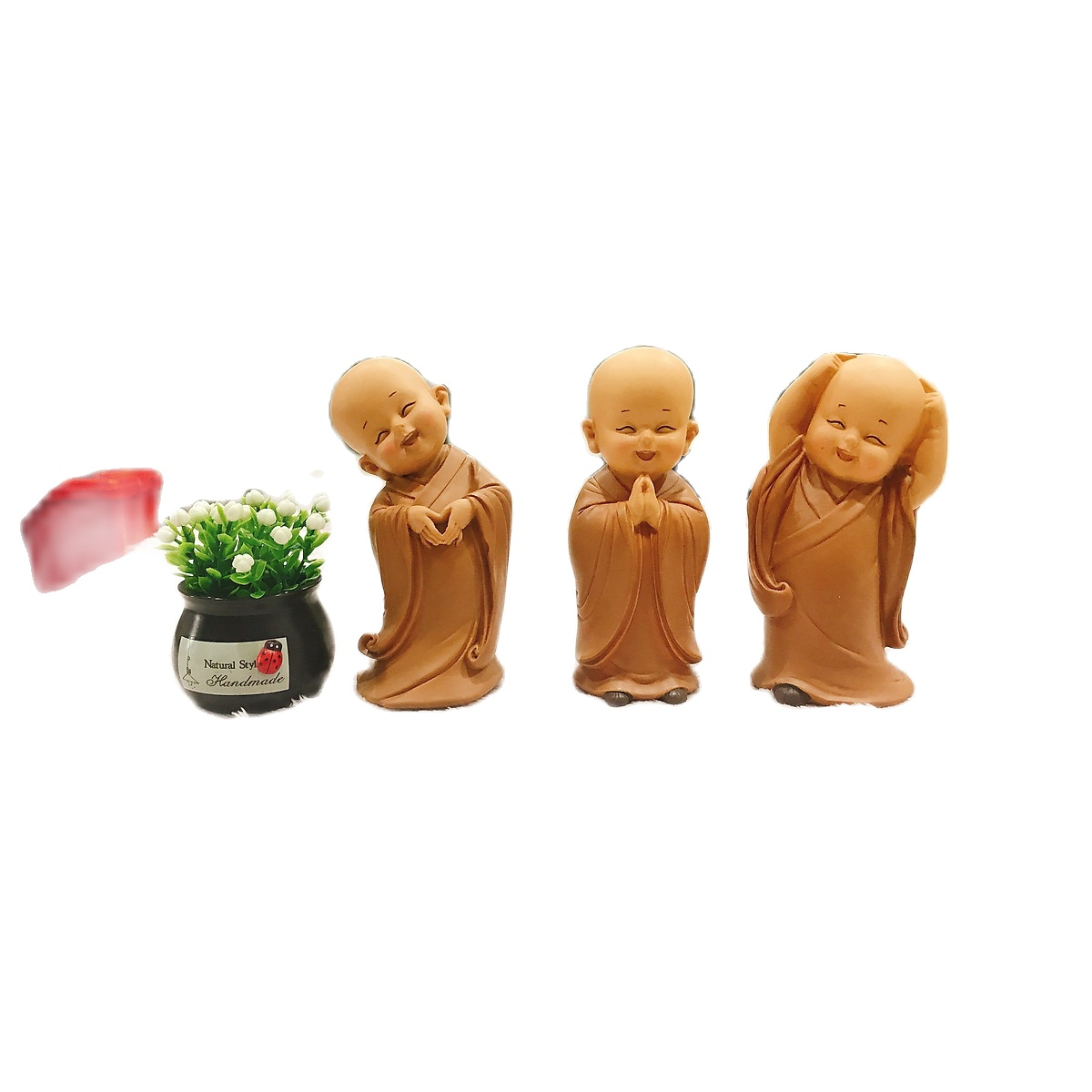 Combo bộ 03 chú tiểu vàng áo nâu cao135cm+bình hoa