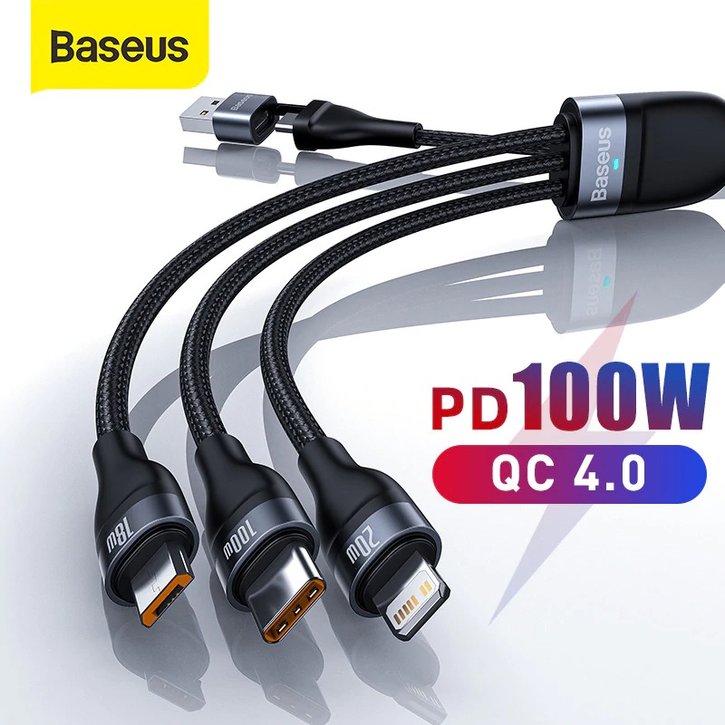 Cáp sạc nhanh 3 đầu Baseus Flash Series 3in1 Plus (USB+ Type C to Micro+Lightning + Type C, 100W Quick Charge and Data C