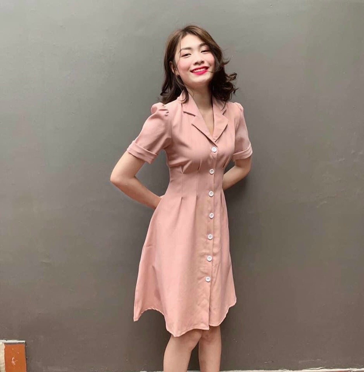 Đầm váy cổ vest nút trắng 2 màu