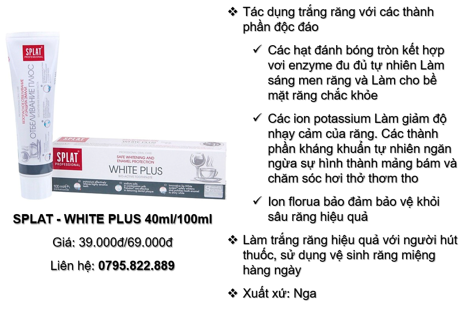 Kem đánh răng trắng răng SPLAT - WHITE PLUS 40ml/100ml (Phân phối chính hãng)
