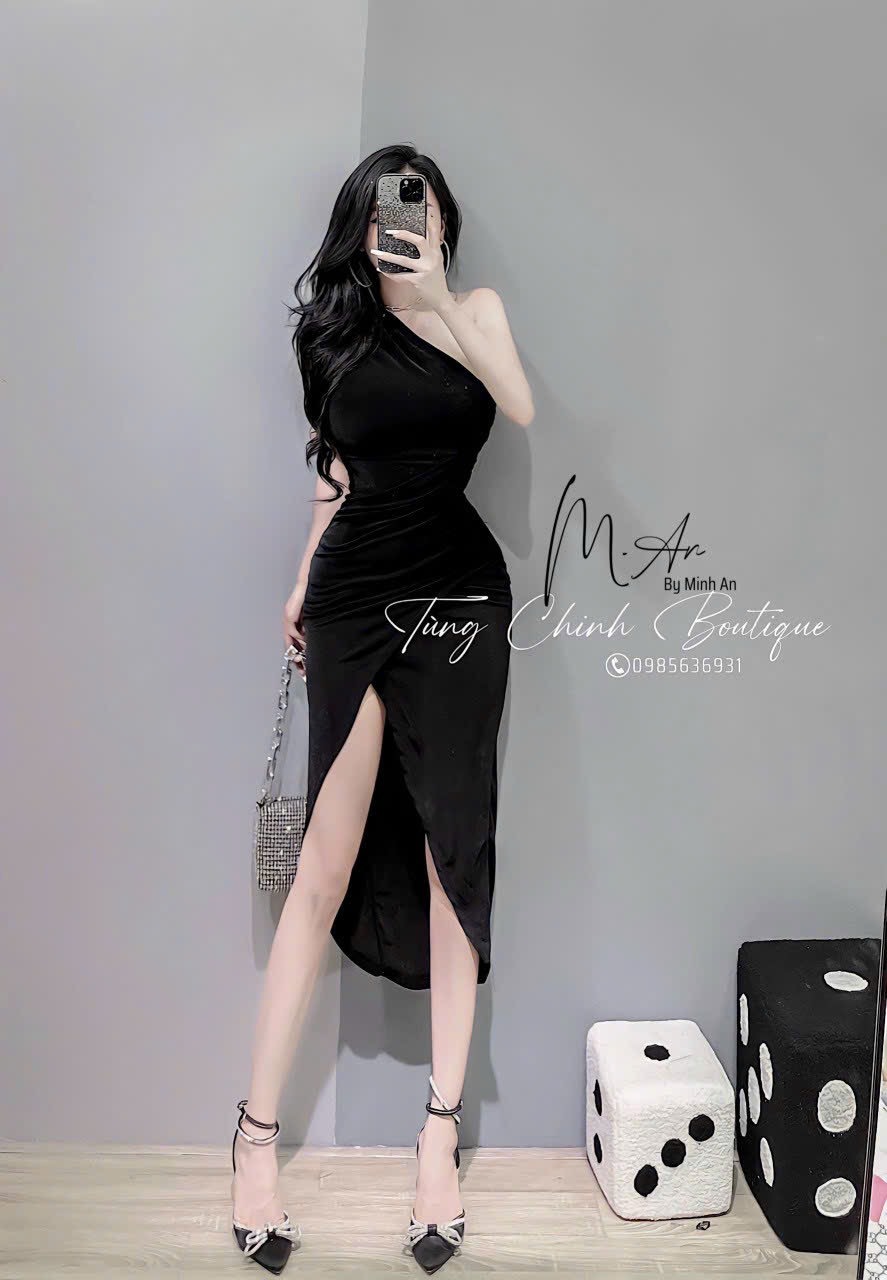 Đầm nữ  lệch vai đắp chéo sẻ tà cao cực sang ba