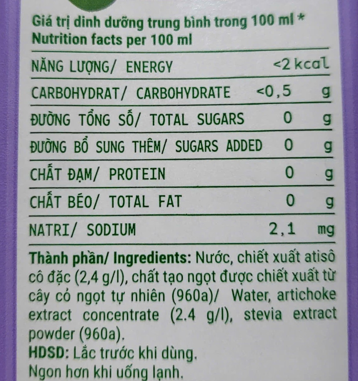 [Hộp 1 Lít – KHÔNG ĐƯỜNG] TRÀ ATISÔ VFRESH [VN] VINAMILK (Sugar Free) Artichoke Drink