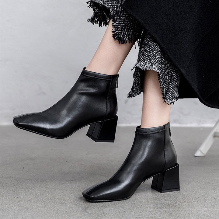 Giày boot nữ cổ ngắn mũi vuông gót tràn viền - Giày boot cao gót 5cm