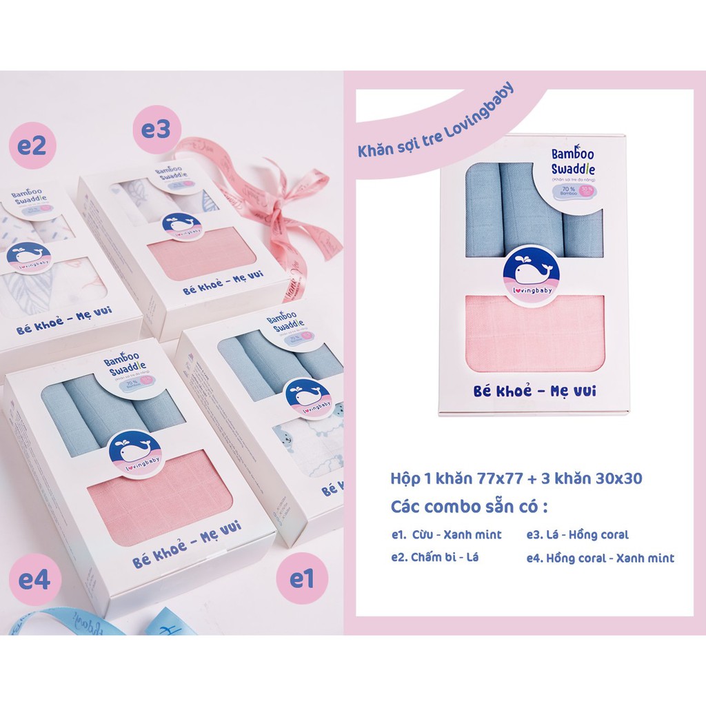 Combo 4 khăn sợi tre cho bé ( 1khăn 77x77cm và 3 khăn 30x30cm )