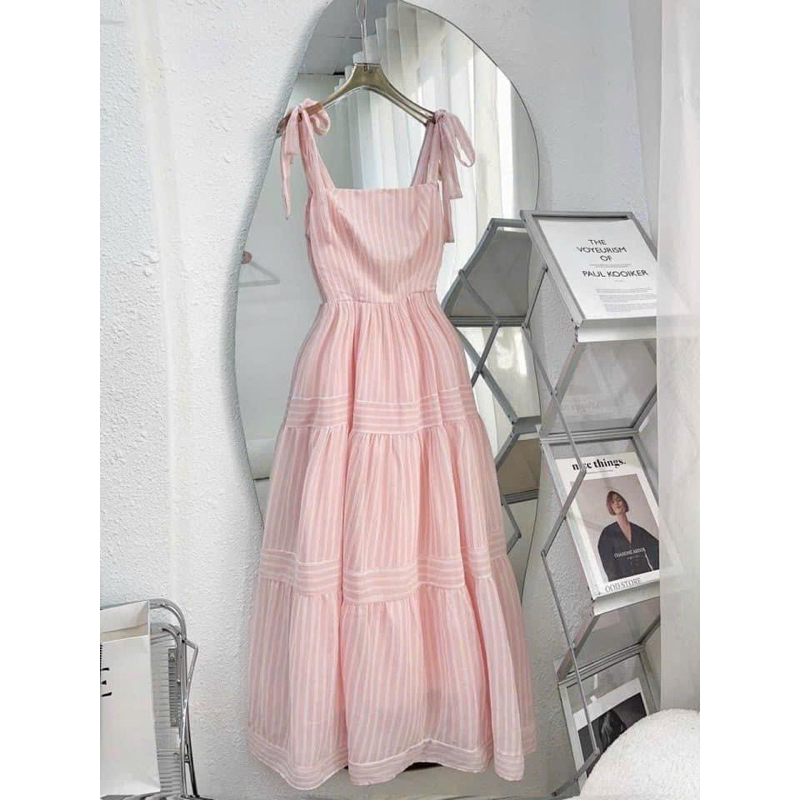 Đầm maxi kẻ sọc 2 dây cột nơ vai