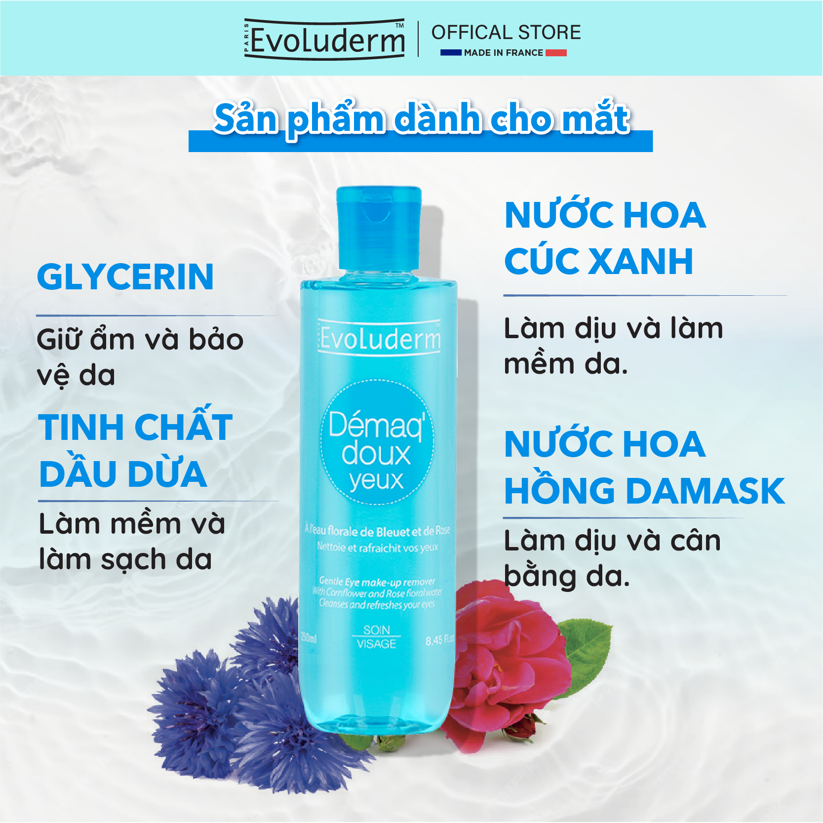 Nước Tẩy trang dịu nhẹ cho mắt Evoluderm 250ml